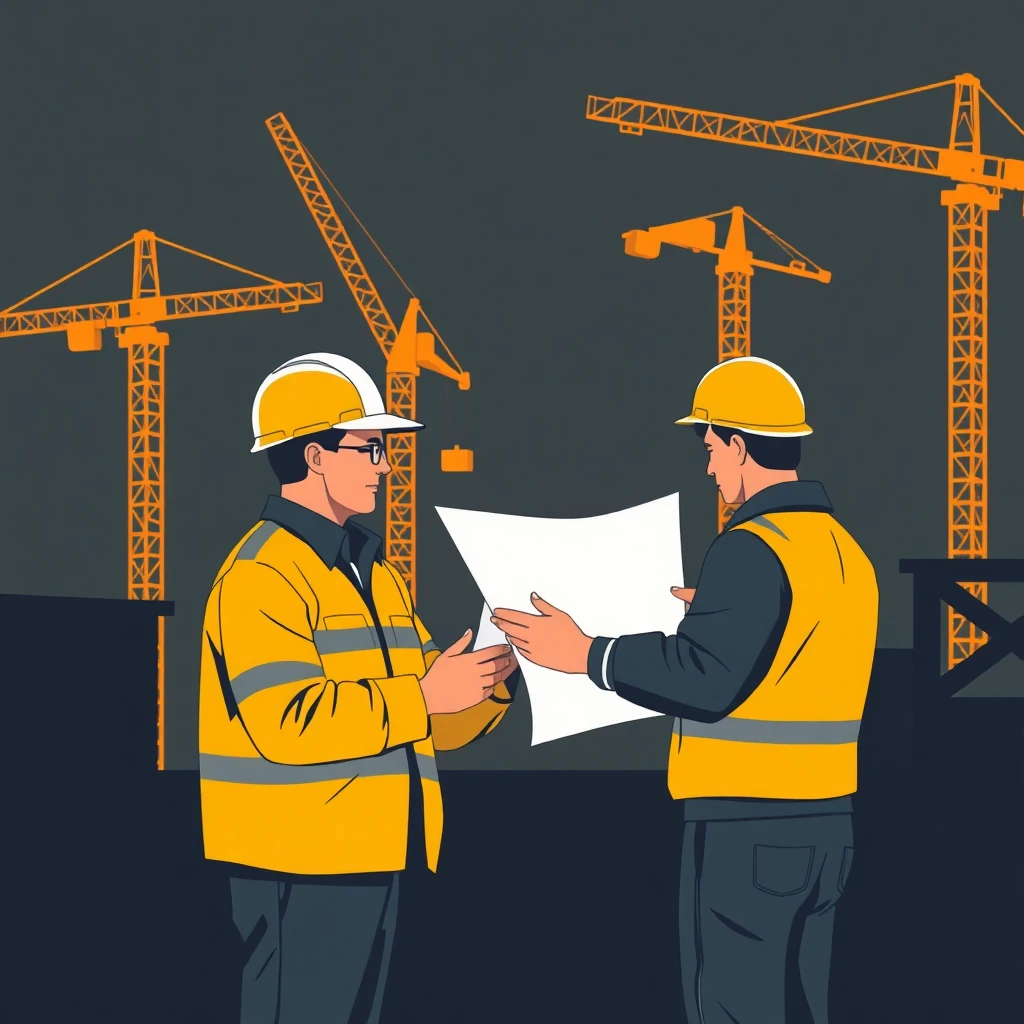 Construction workers reviewing blueprints