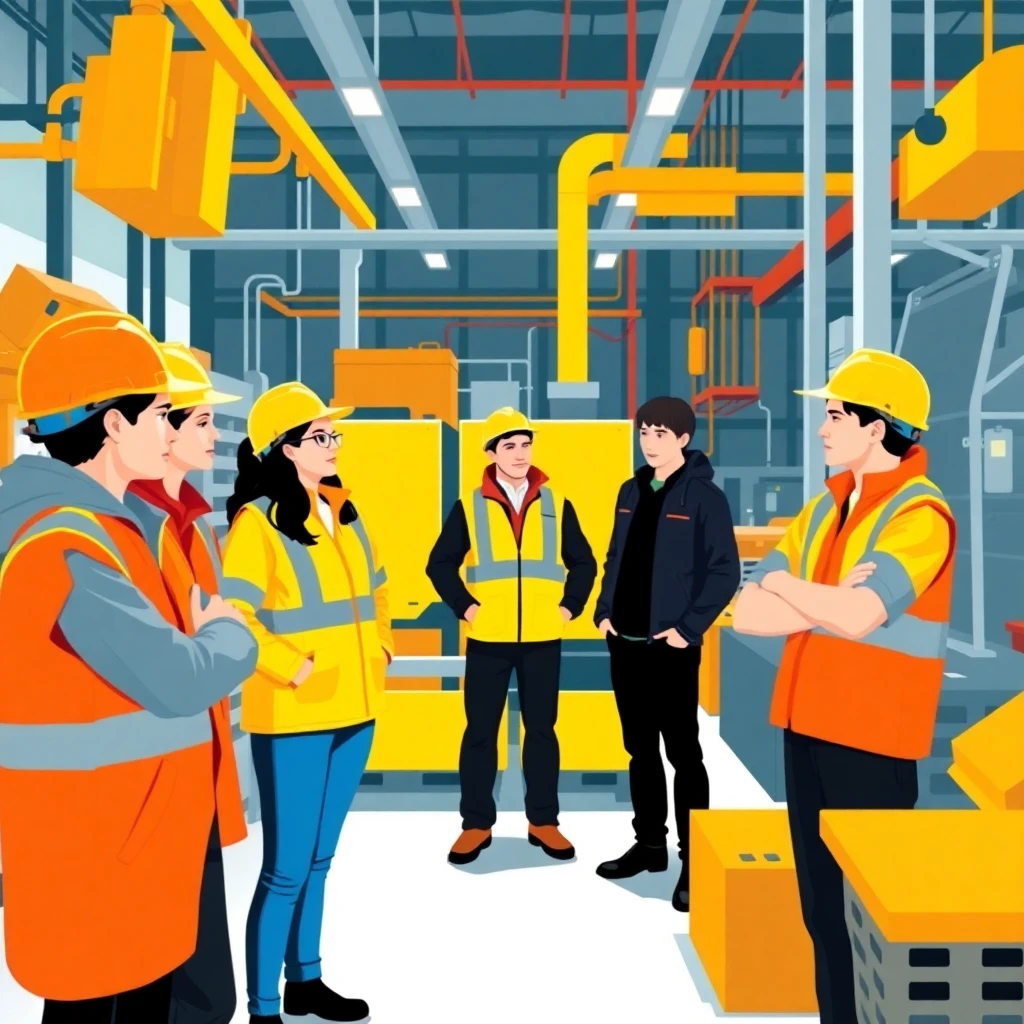 Young professionals discussing manufacturing jobs