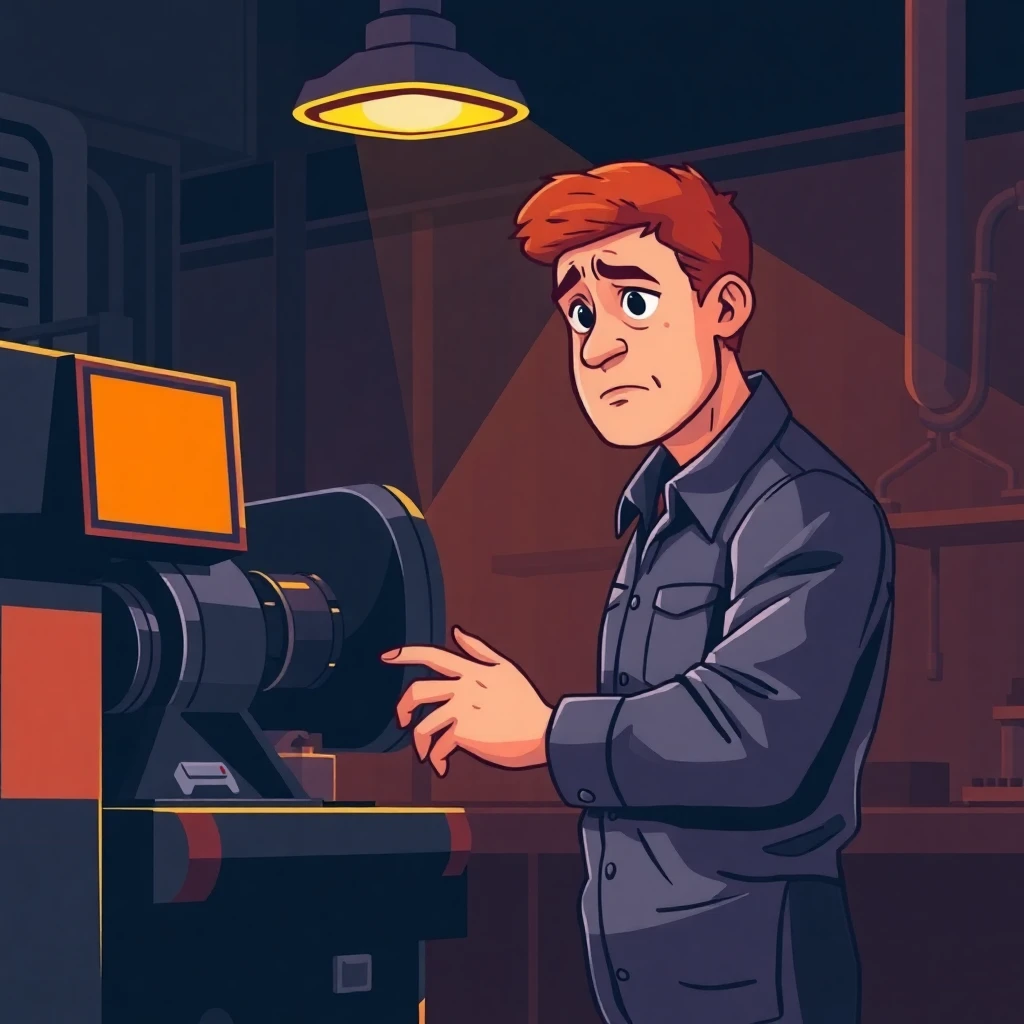 Frustrated factory worker at night