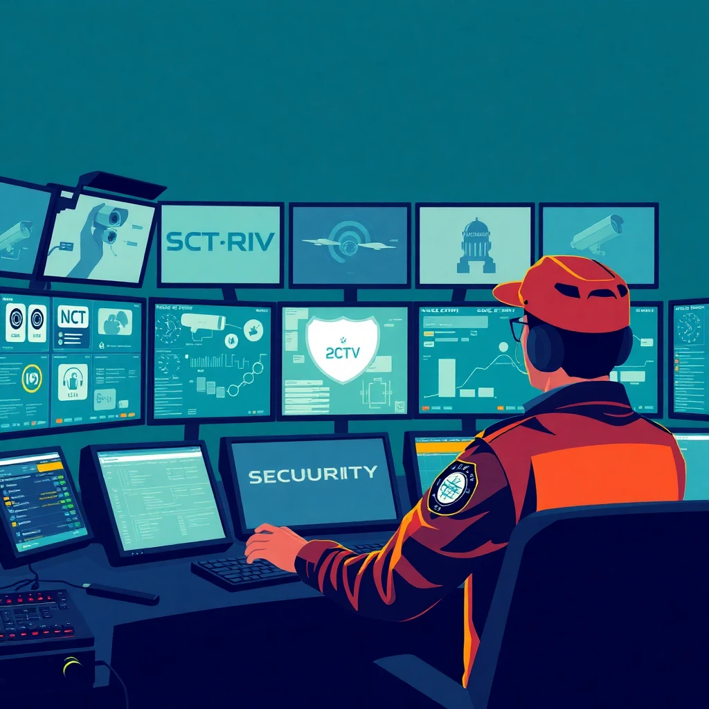 Security officer monitoring screens