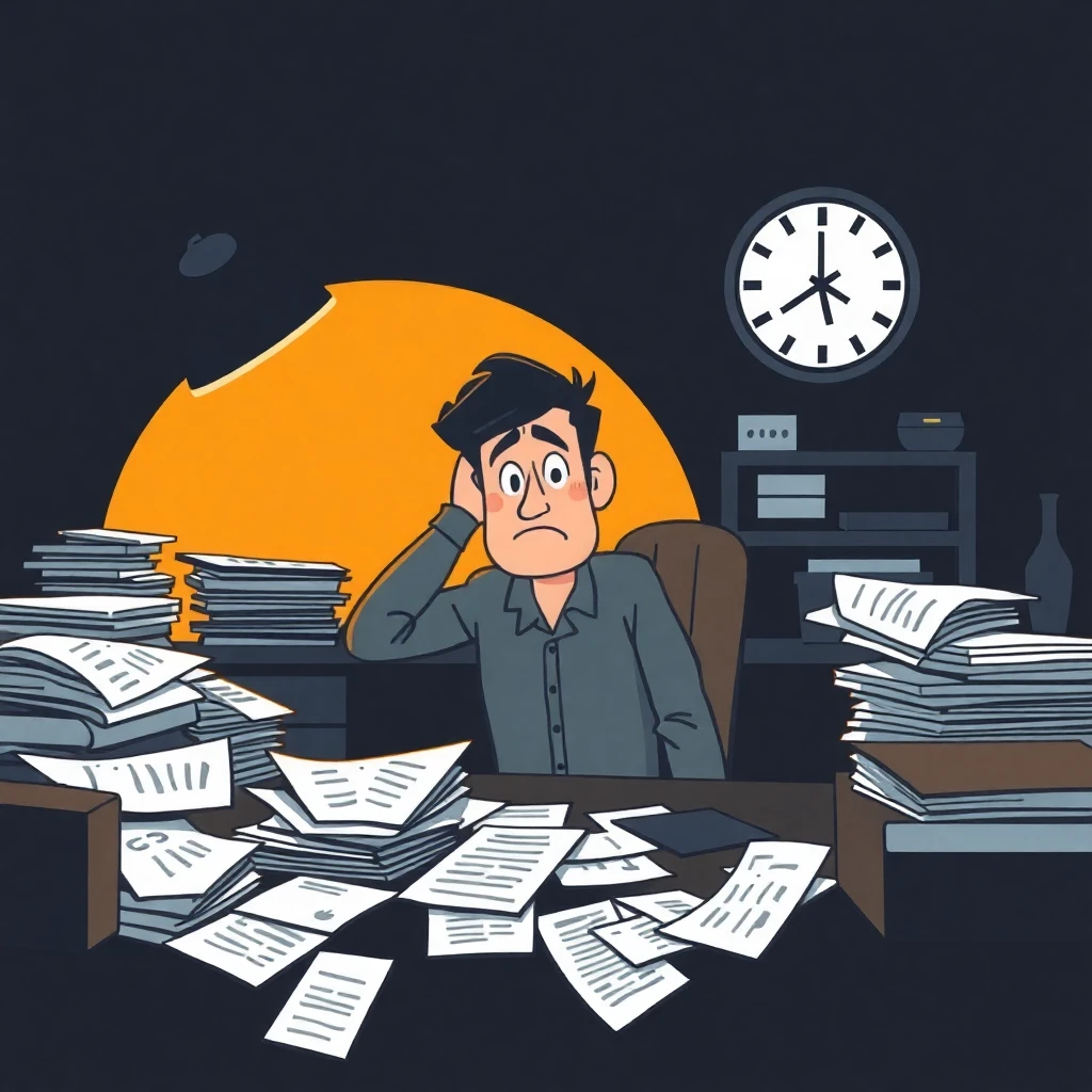 Frustrated professional at a cluttered desk