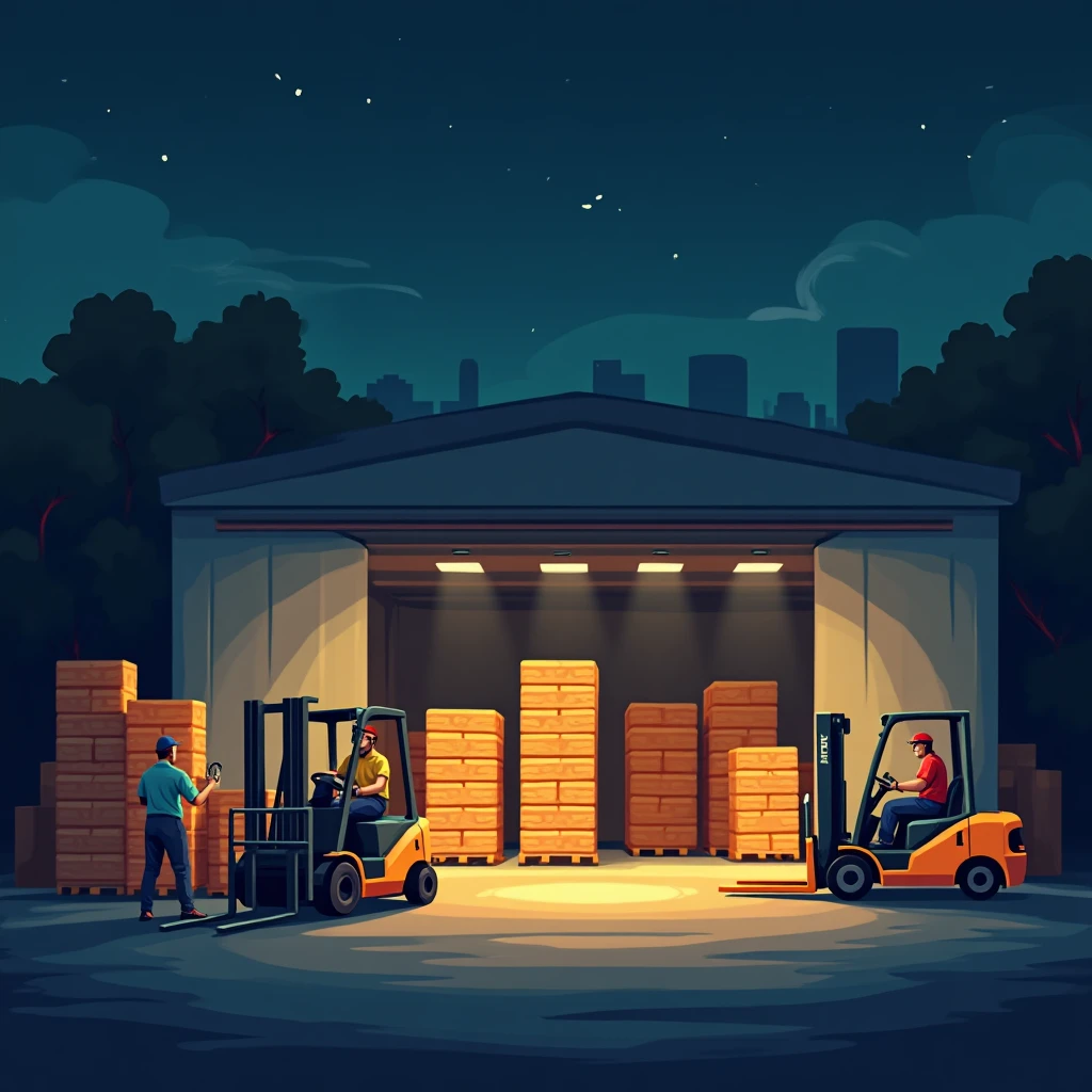 Warehouse workers at night