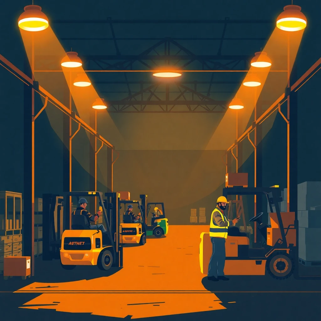 Night shift warehouse scene