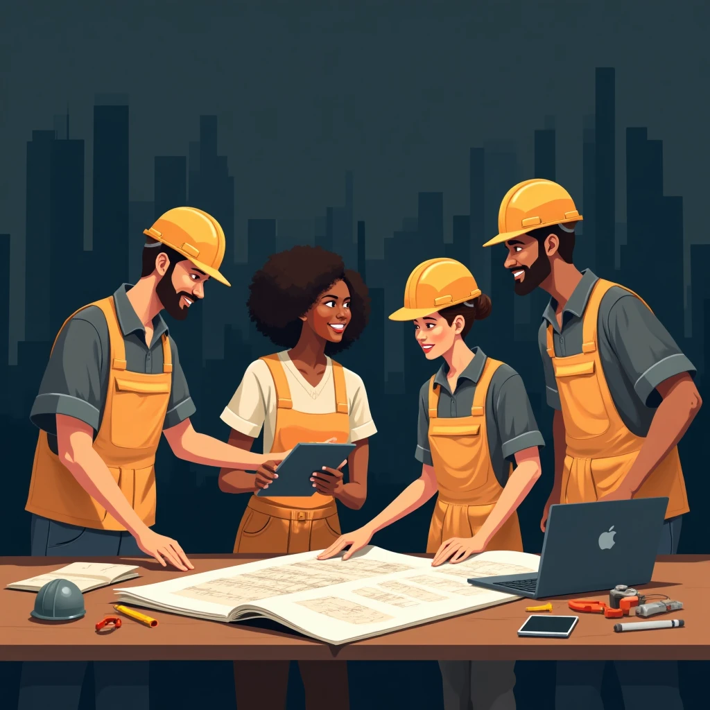 Construction workers using technology