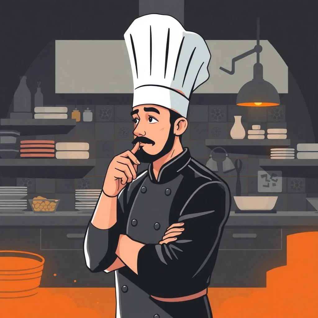 Reflective chef in a modern kitchen