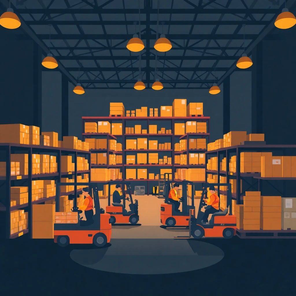 Busy warehouse scene