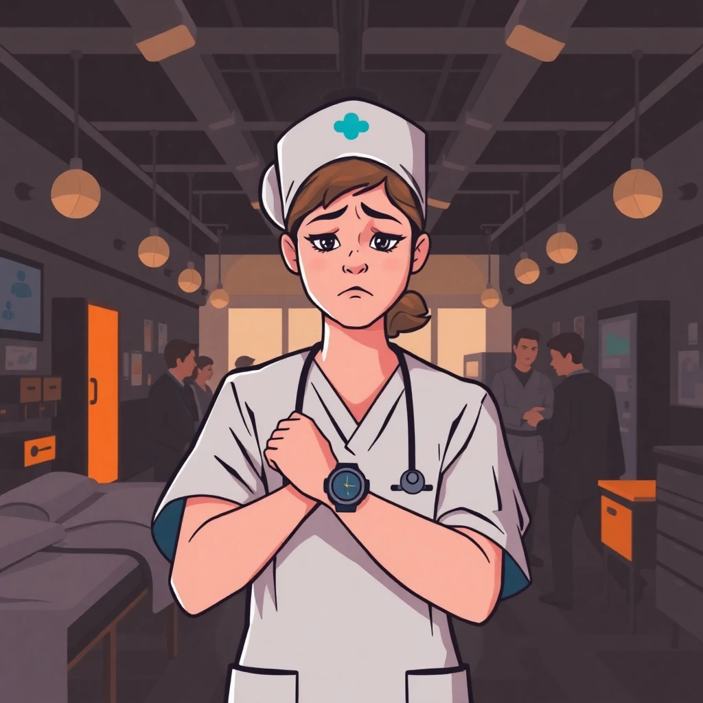 Stressed nurse checking time