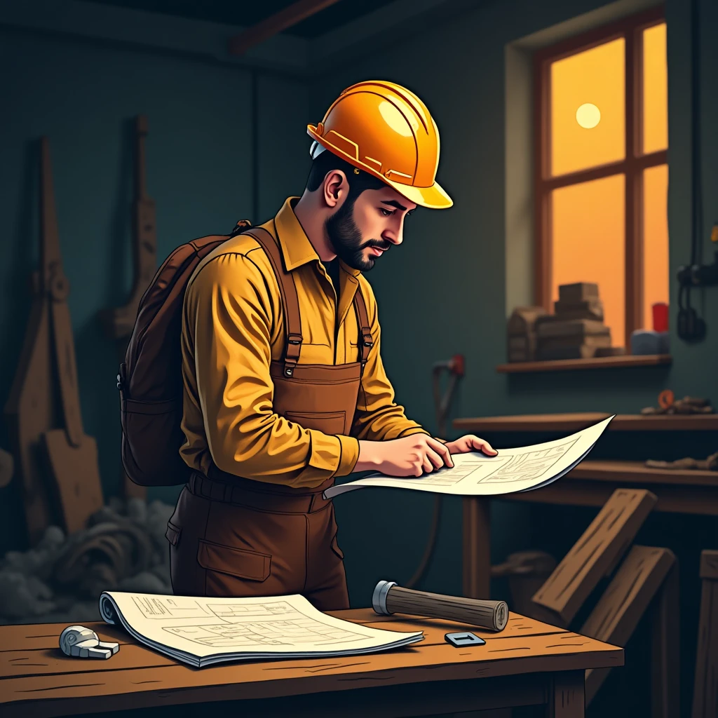 Trabajador de construcción revisando planos