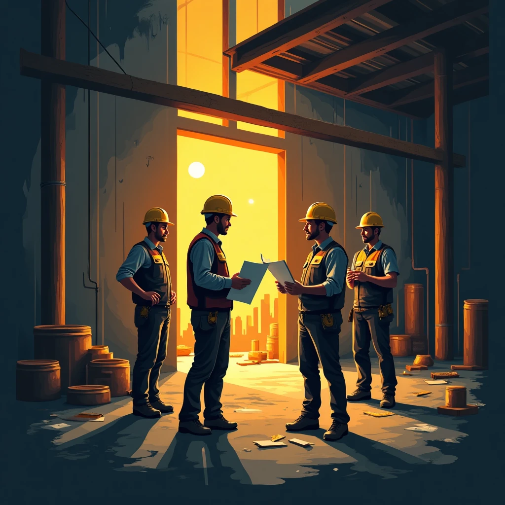 Trabajadores de la construcción revisando planos