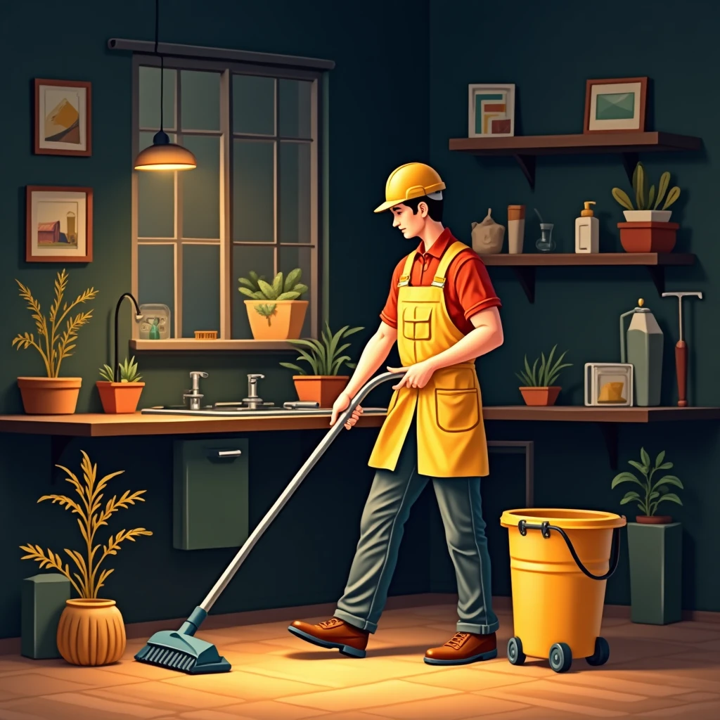 Trabajador de limpieza organizando herramientas