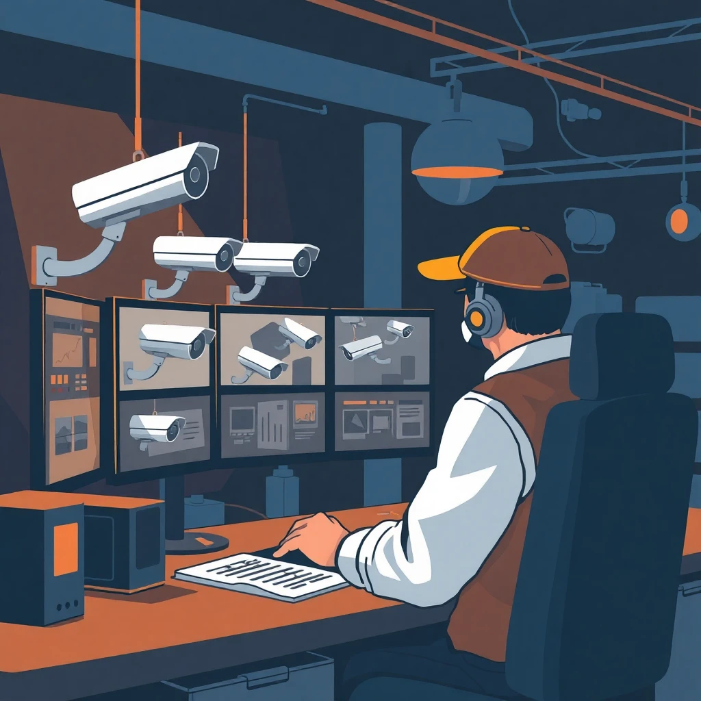 Guardia de seguridad revisando cámaras
