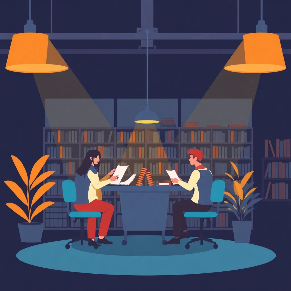 Educadores colaborando em uma biblioteca