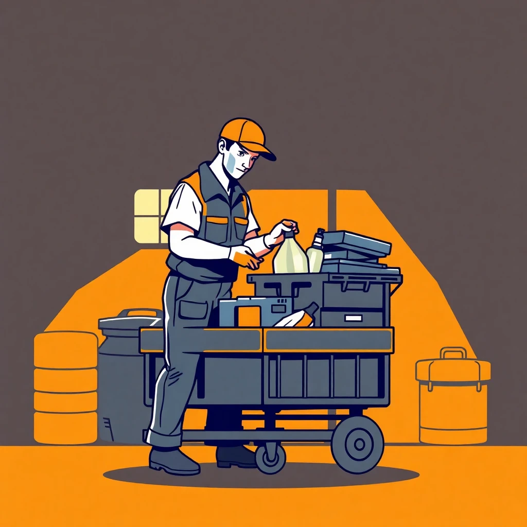 Profissional de limpeza organizando materiais