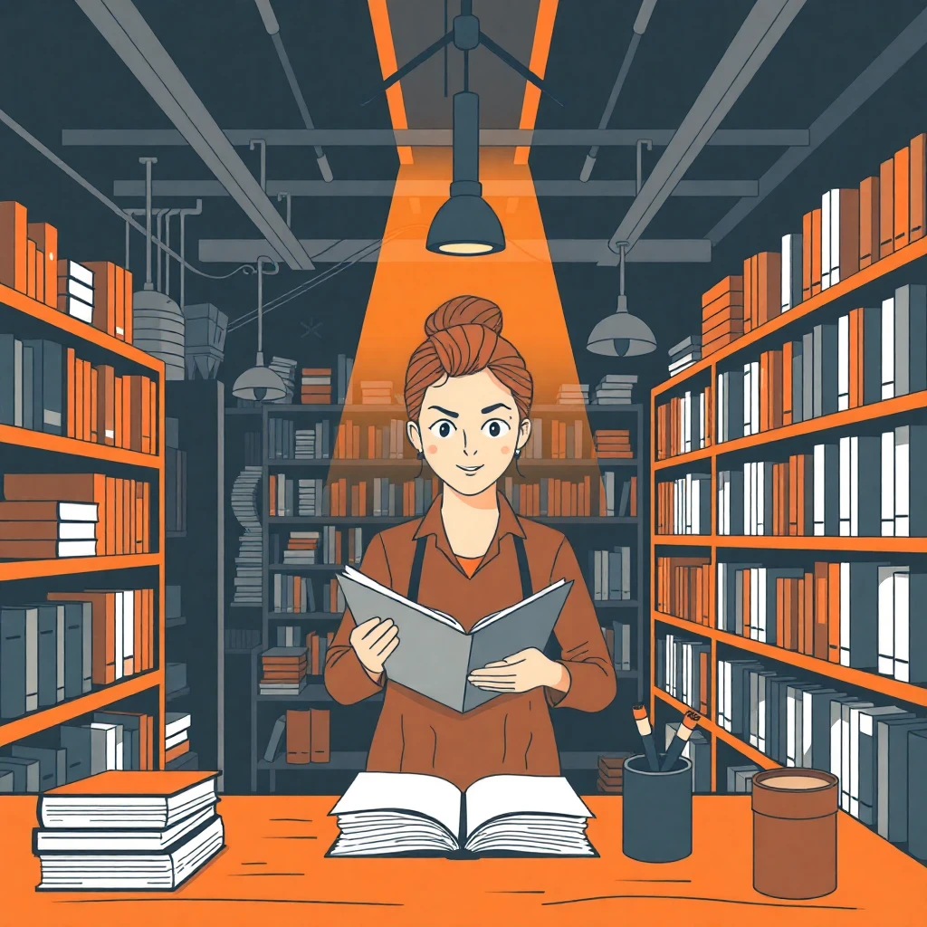 Maestra en una biblioteca moderna