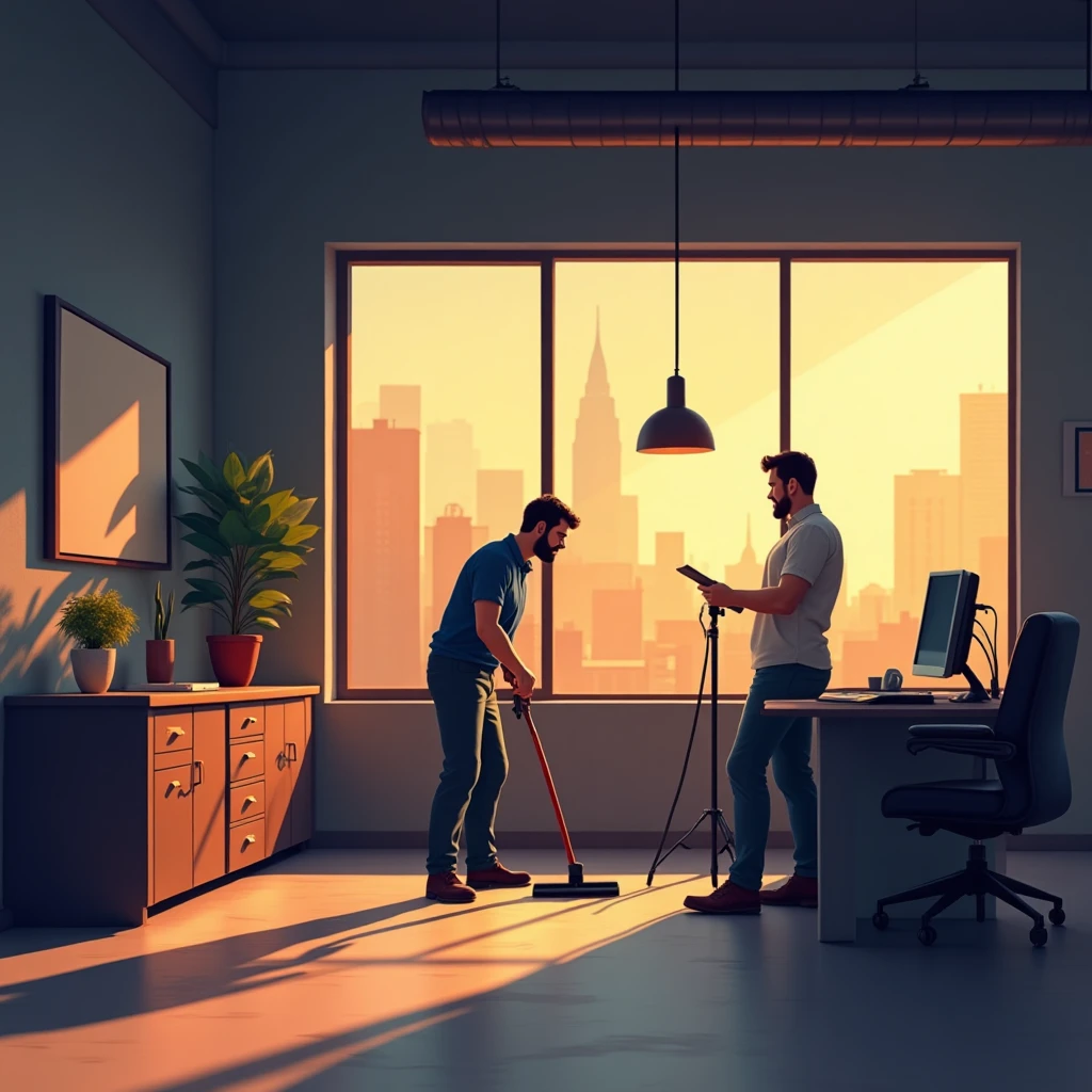 Trabalhadores de limpeza em ambiente corporativo