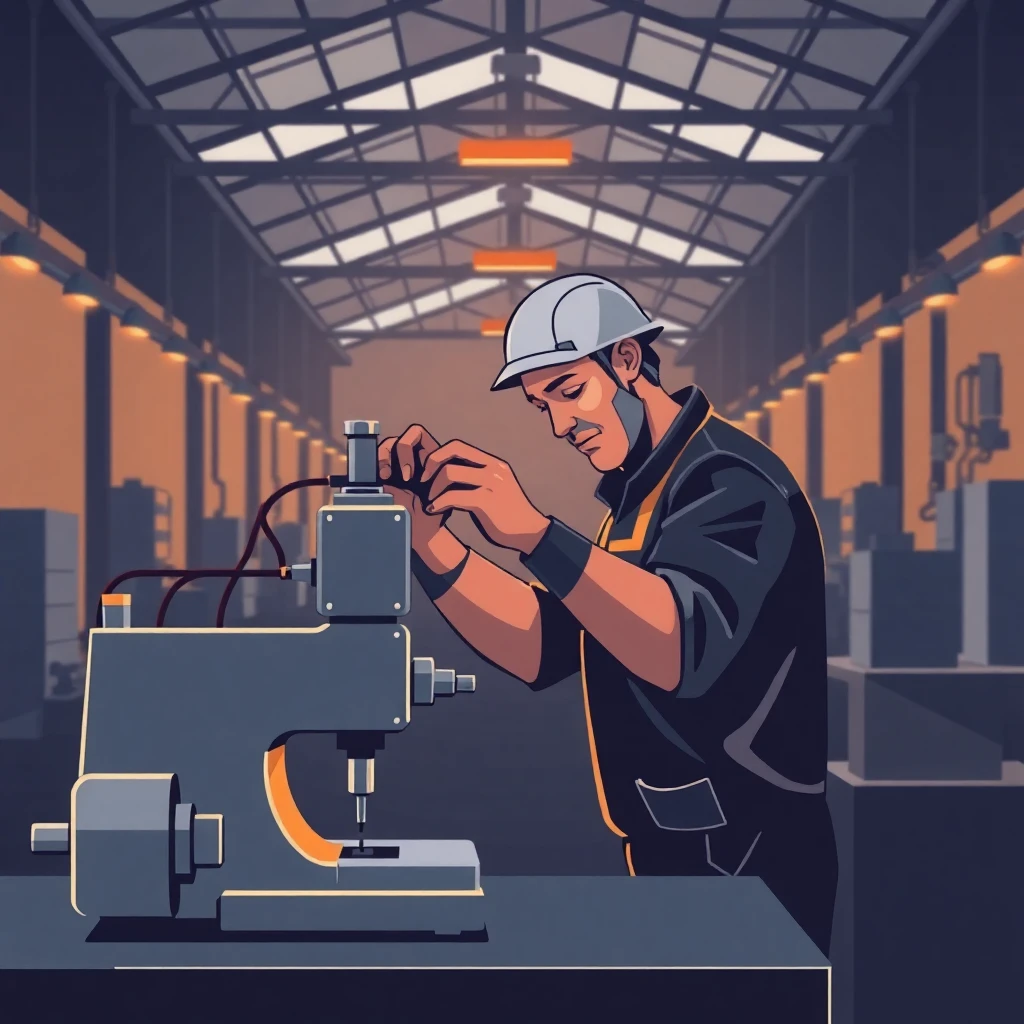 Trabalhador de manufatura ajustando equipamento