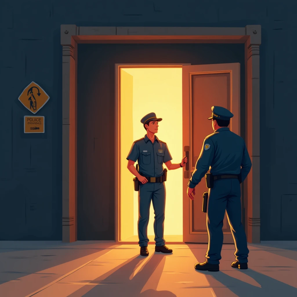 Guardia de seguridad y oficial de policía en acción