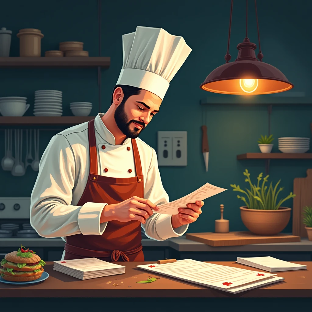 Chef reviewing pay slips