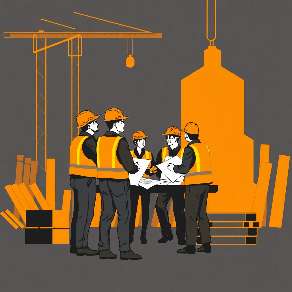 Équipe de construction en réunion sur le chantier