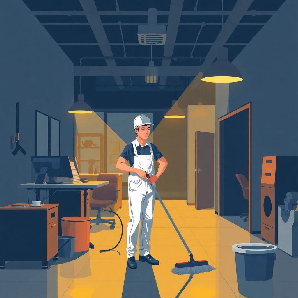Trabajador de limpieza nocturno en acción