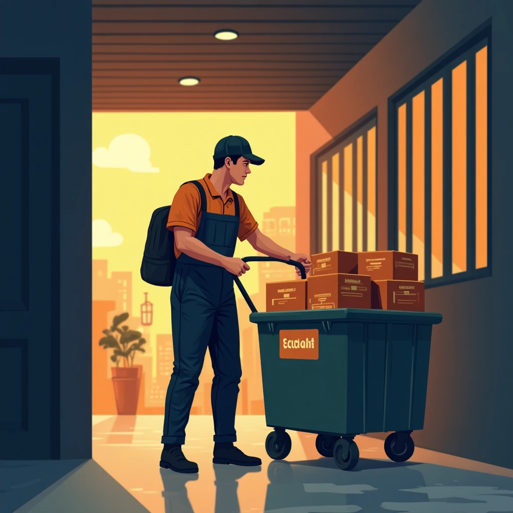 Empleado de limpieza organizando suministros