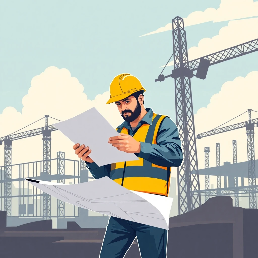 Trabajador de construcción revisando planos