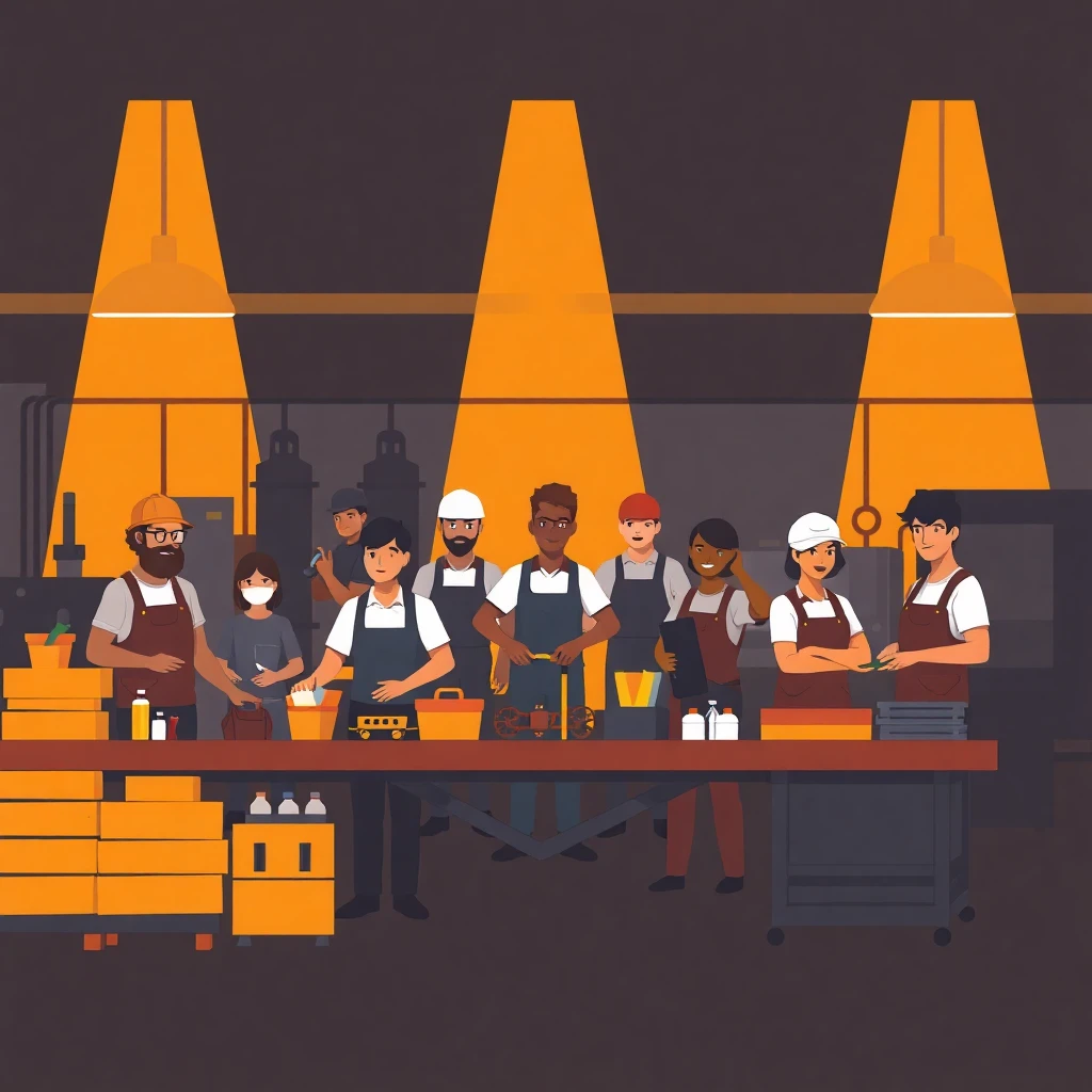 Diverse team working on a production line