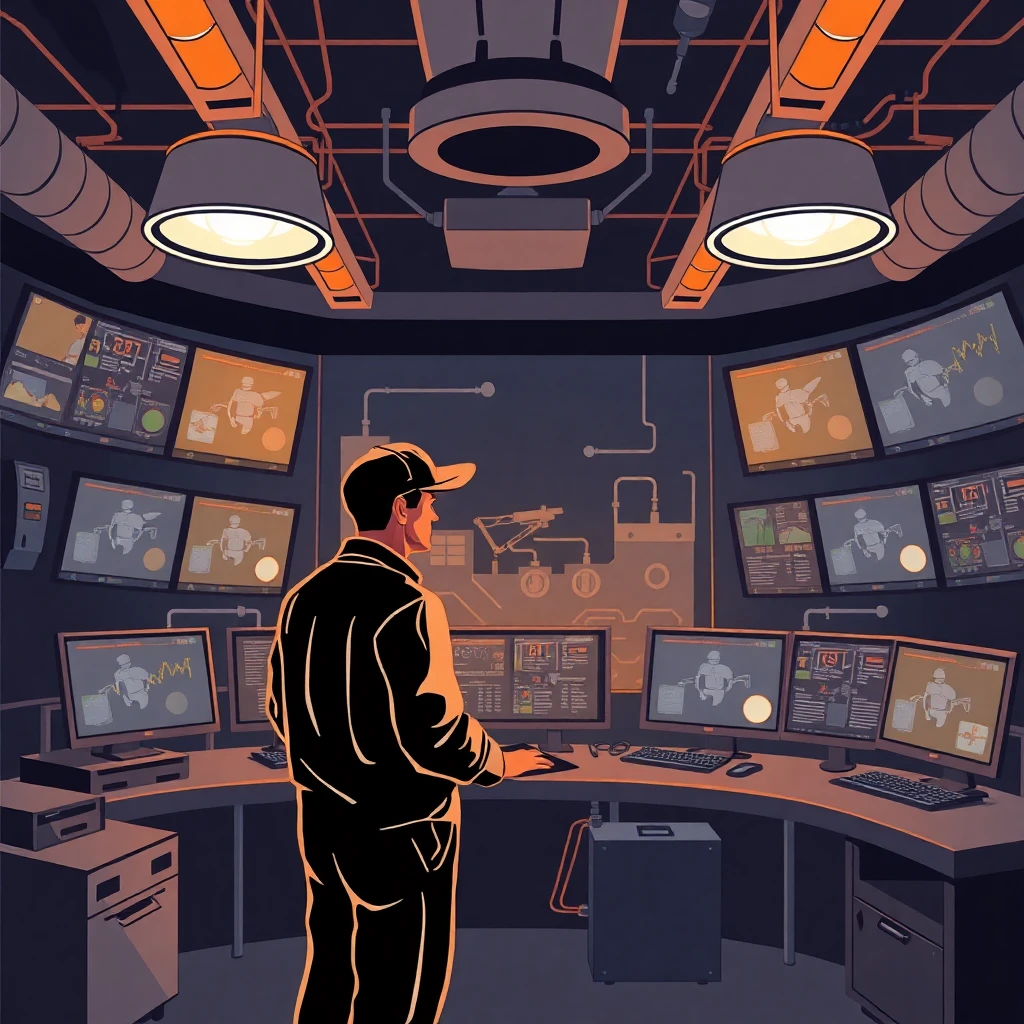 Control room with surveillance screens