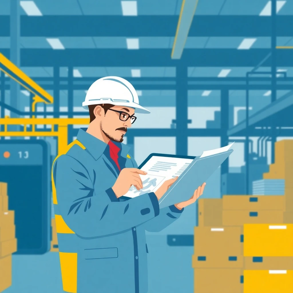 Ingeniero revisando planos en fábrica