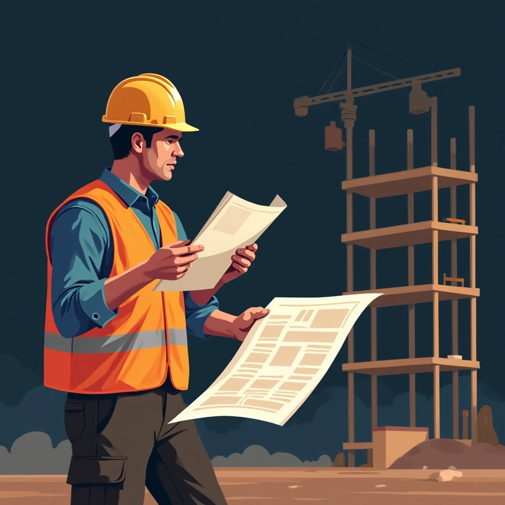 Trabajador de construcción revisando planos