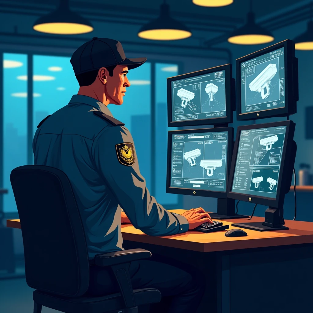 Security guard monitoring screens