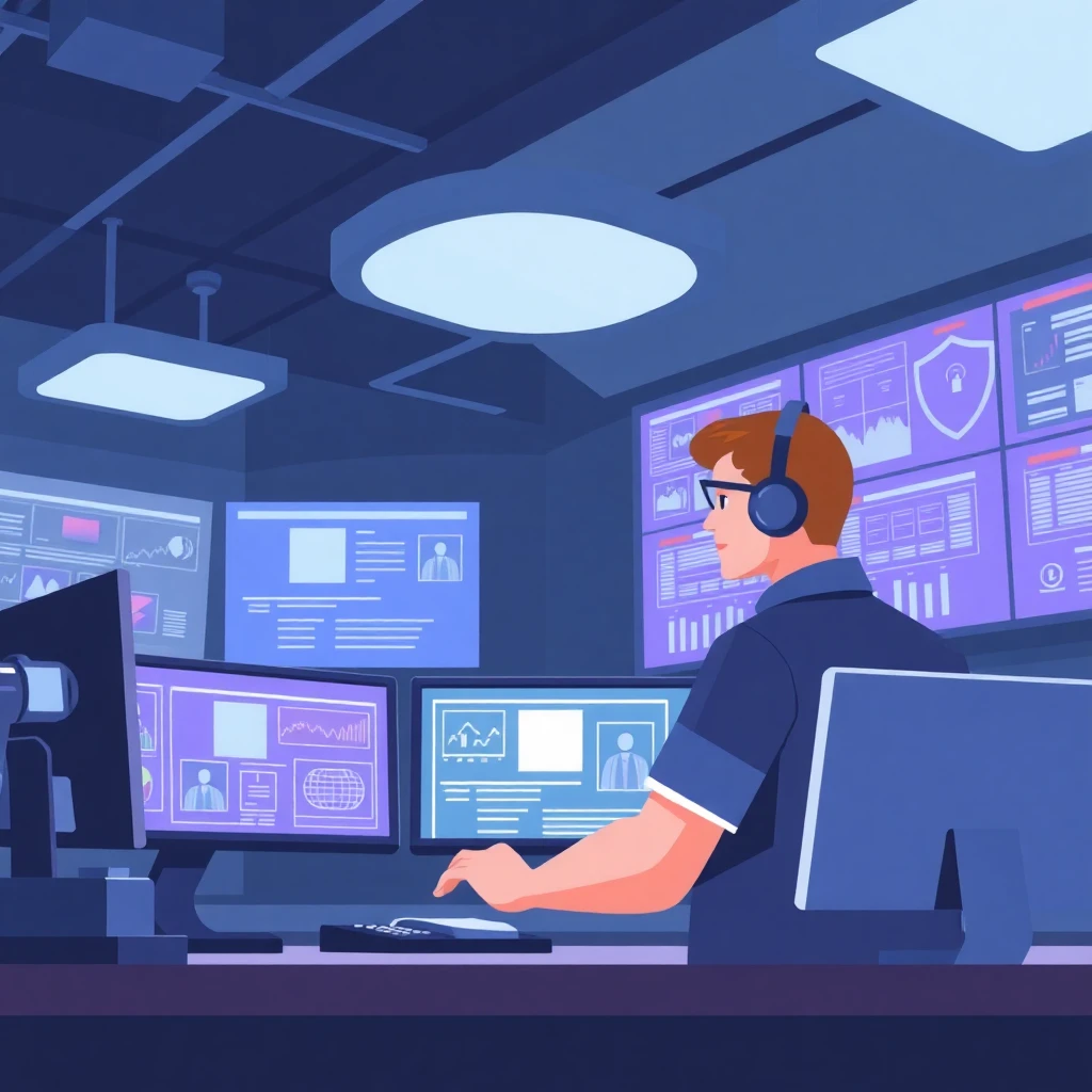 Security professional monitoring screens