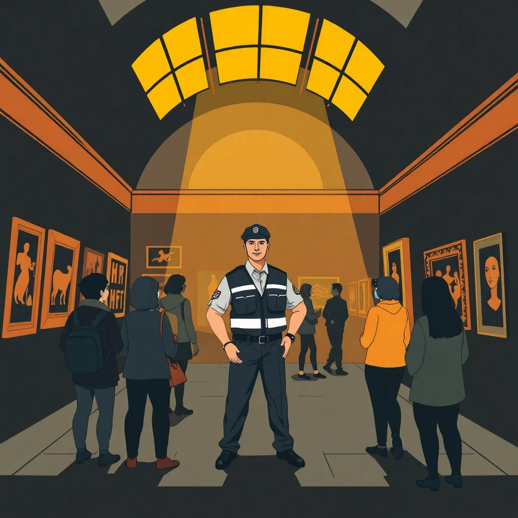 Museum security officer engaging with visitors