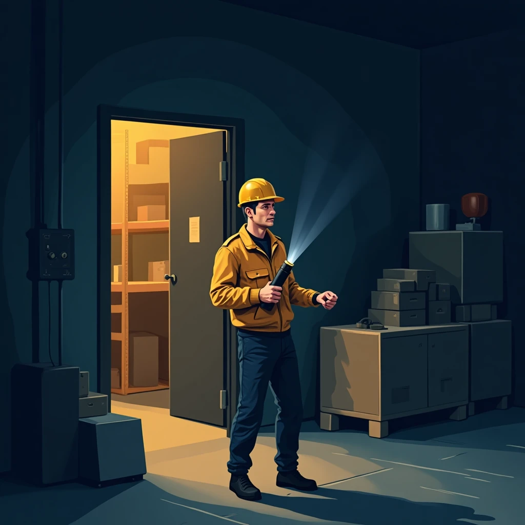 Warehouse security officer on night patrol