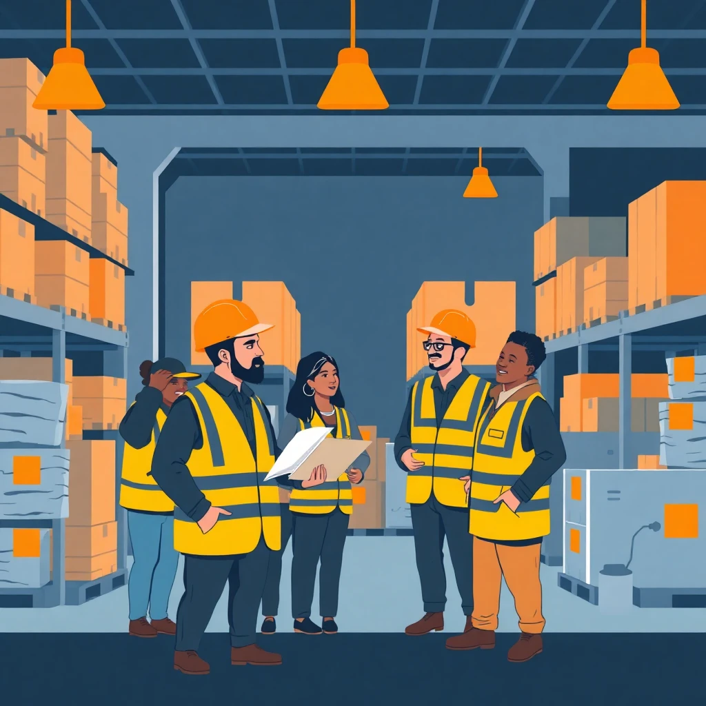 Warehouse workers discussing logistics