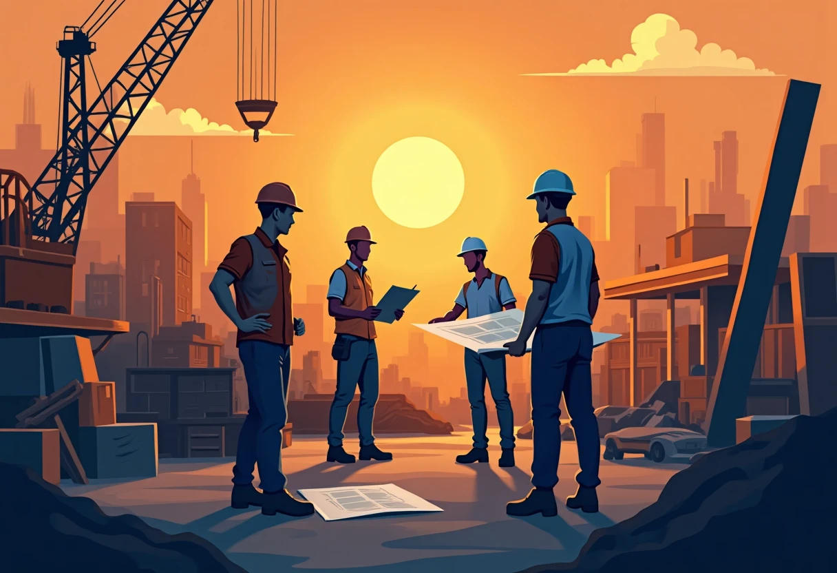 Trabajadores de construcción revisando planos