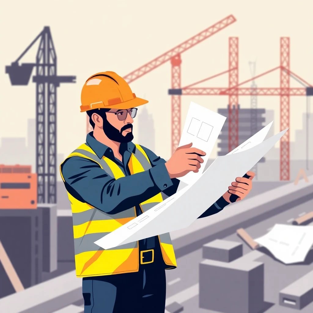Trabajador de construcción revisando planos