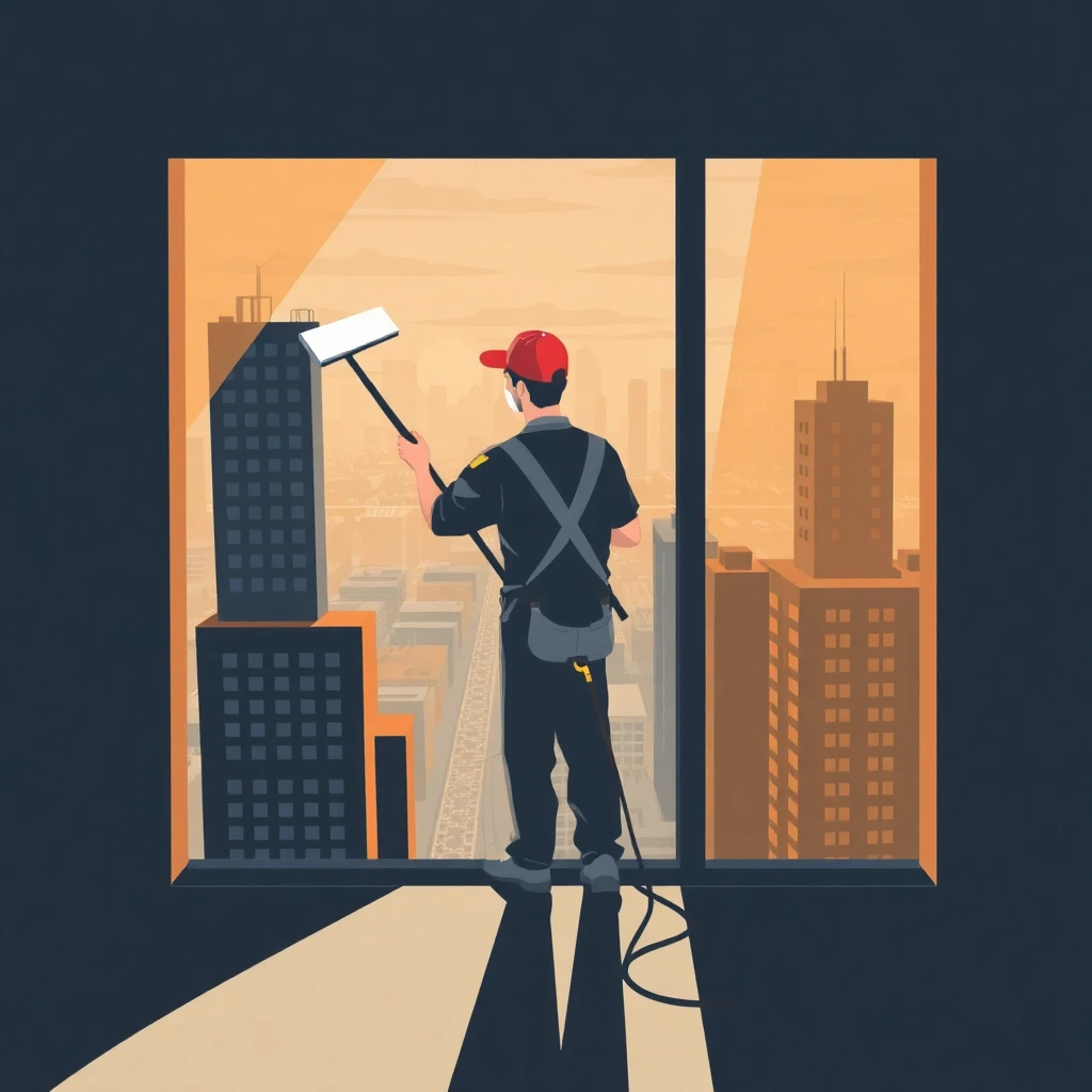 Trabajador de limpieza limpiando ventanas