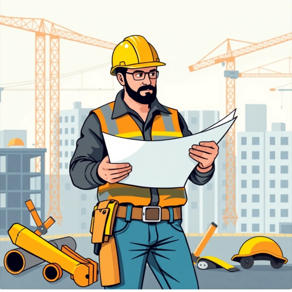 Trabajador revisando planos en construcción