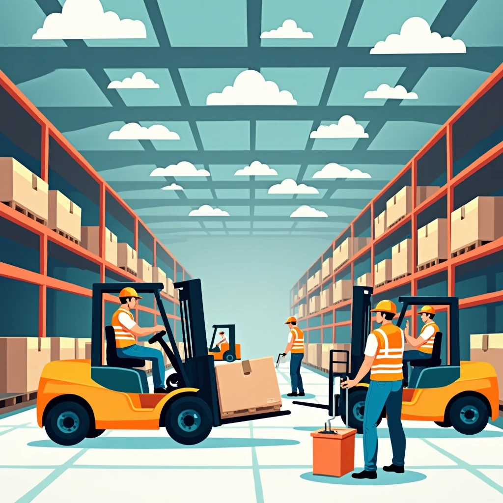 Warehouse with forklifts in action
