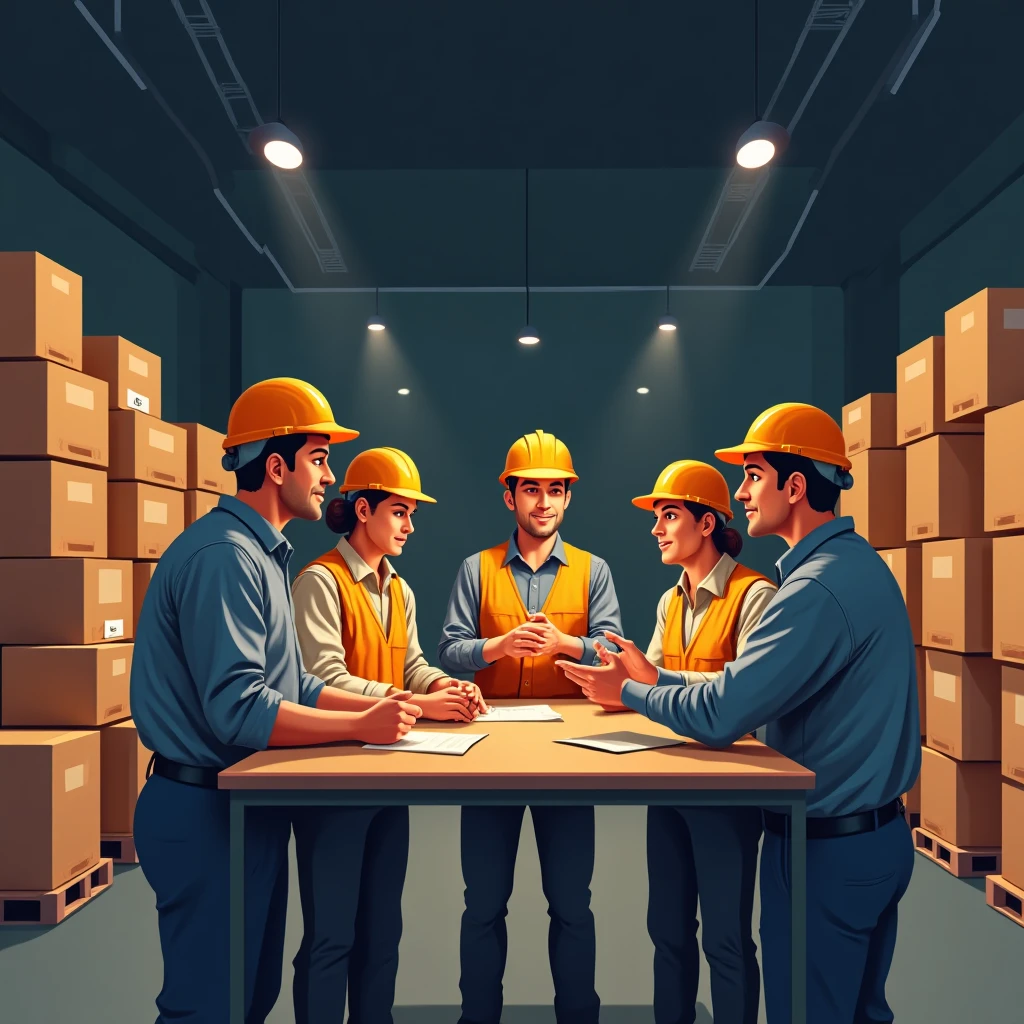 Team meeting in a warehouse