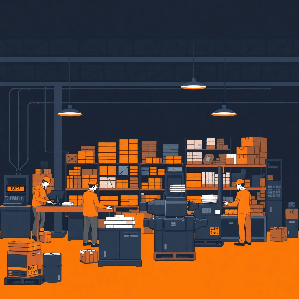 Workers in a bustling warehouse