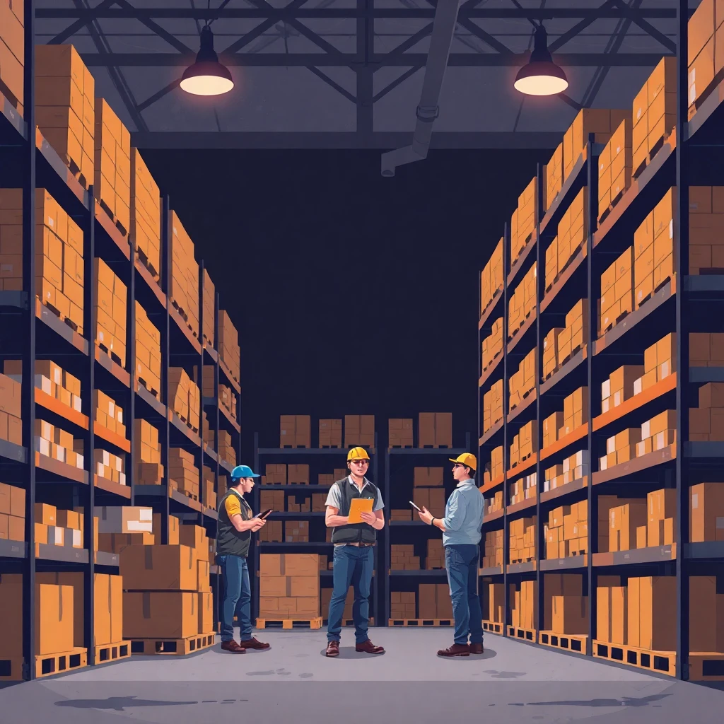 Warehouse workers collaborating