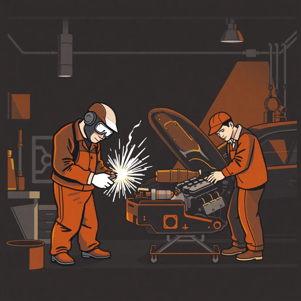 Welder and mechanic at work