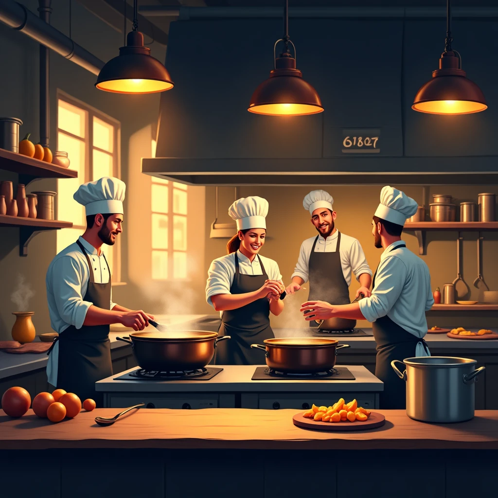 Chefs at work in a bustling kitchen